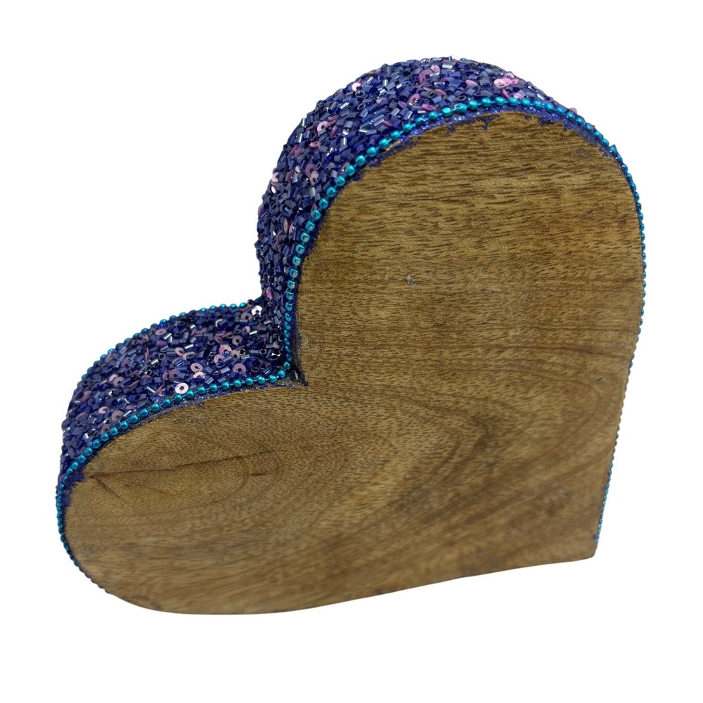 Wooden Heart Block‎ Decor Purple Blue Beaded Sequin Edge 7 In Valentine